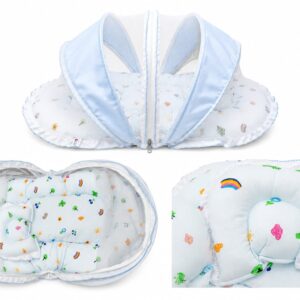 Muslin Baby Net Bedding Set (Blue)Mosquito Net and 1 U Shape Pillow.
